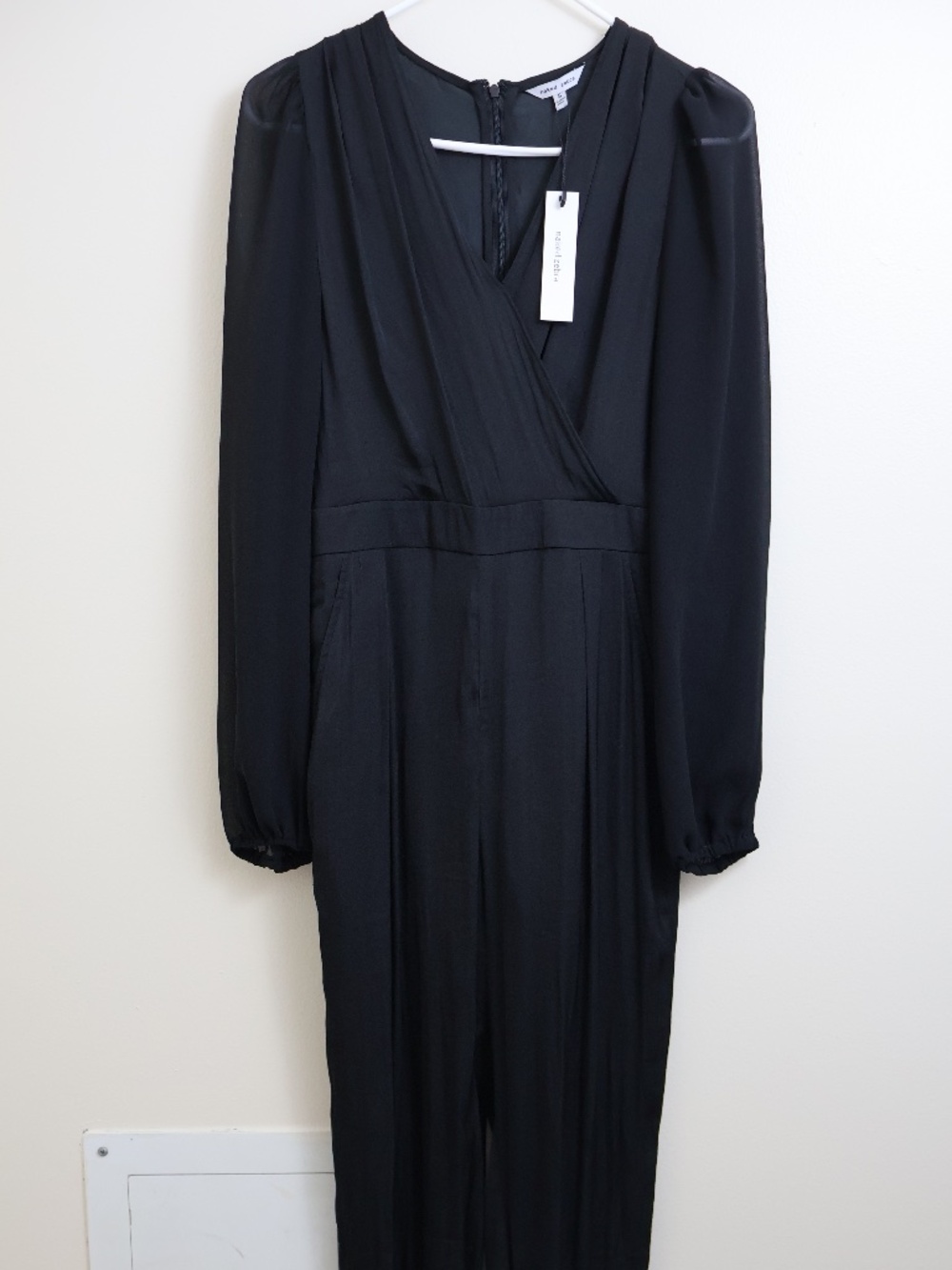 Black Chiffon V-Neck Long Sleeve Jumpsuit with Pockets | S | Naked Zebra